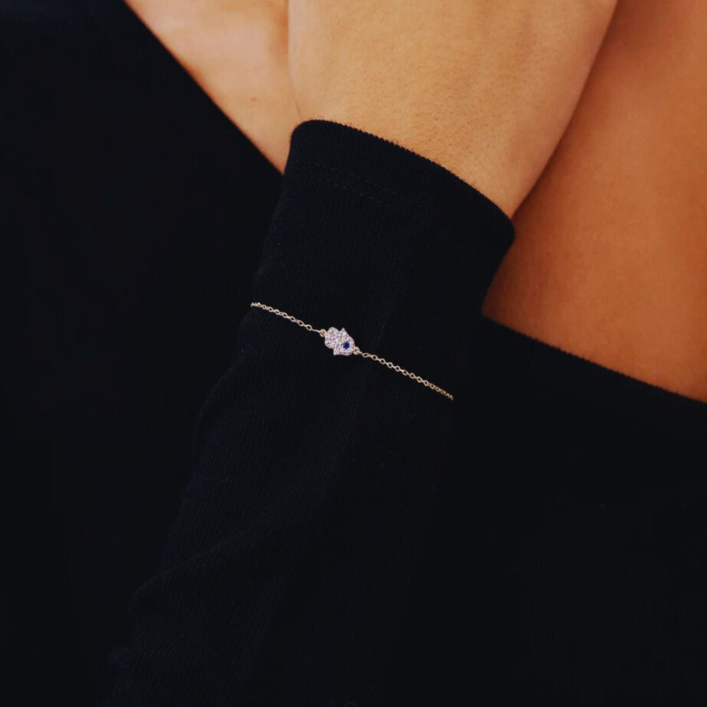 14K Gold Hamsa Bracelet, Pave Lab Diamond Hand of Fatima Bracelet, Blue Sapphire Accent, Protection Symbol Jewelry