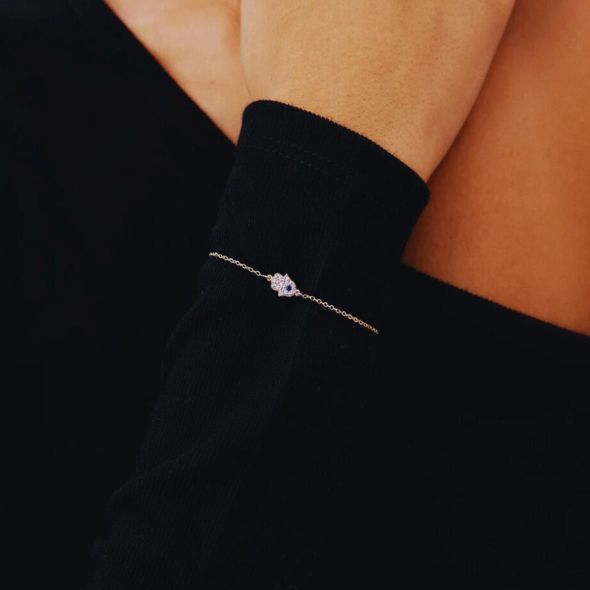 14K Gold Hamsa Bracelet, Pave Lab Diamond Hand of Fatima Bracelet, Blue Sapphire Accent, Protection Symbol Jewelry