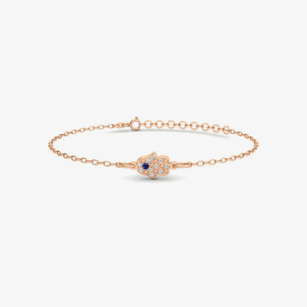 14K Gold Hamsa Bracelet, Pave Lab Diamond Hand of Fatima Bracelet, Blue Sapphire Accent, Protection Symbol Jewelry