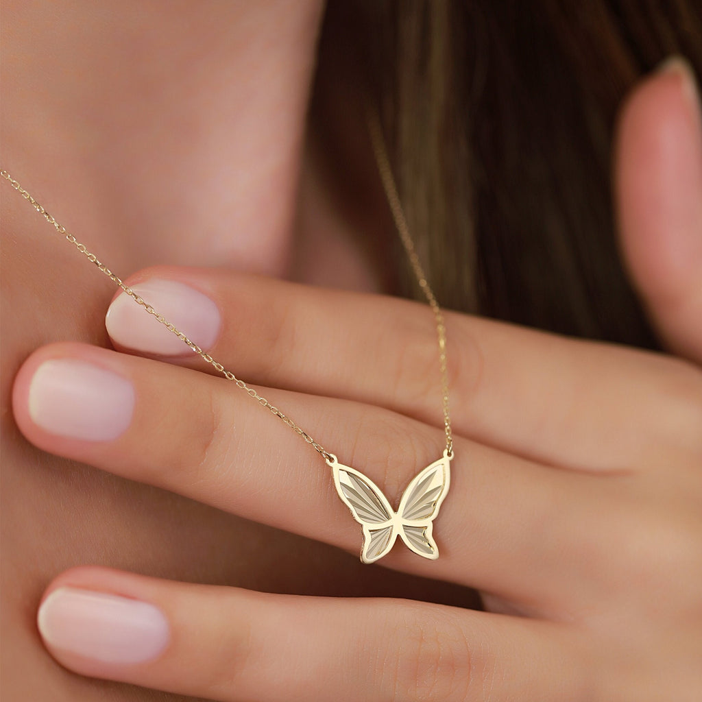 14K Gold Butterfly Necklace, Diamond Cut Butterfly Pendant, Dainty Sideways Charm, Nature Jewelry, Gift for Her