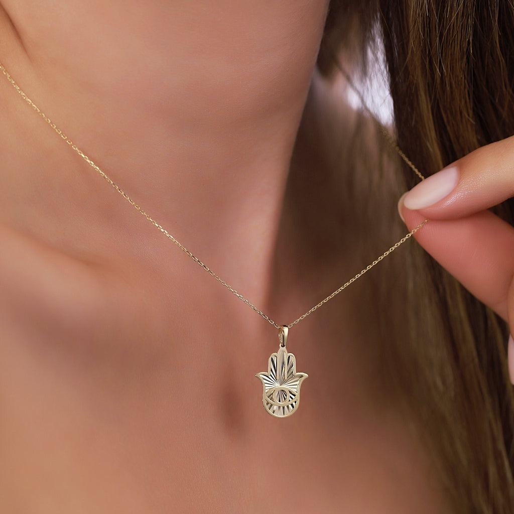 14K Gold Hamsa Necklace, Diamond Cut Evil Eye Hand Pendant, Fatima's Hand Charm, Protection Jewelry, Gift for Her