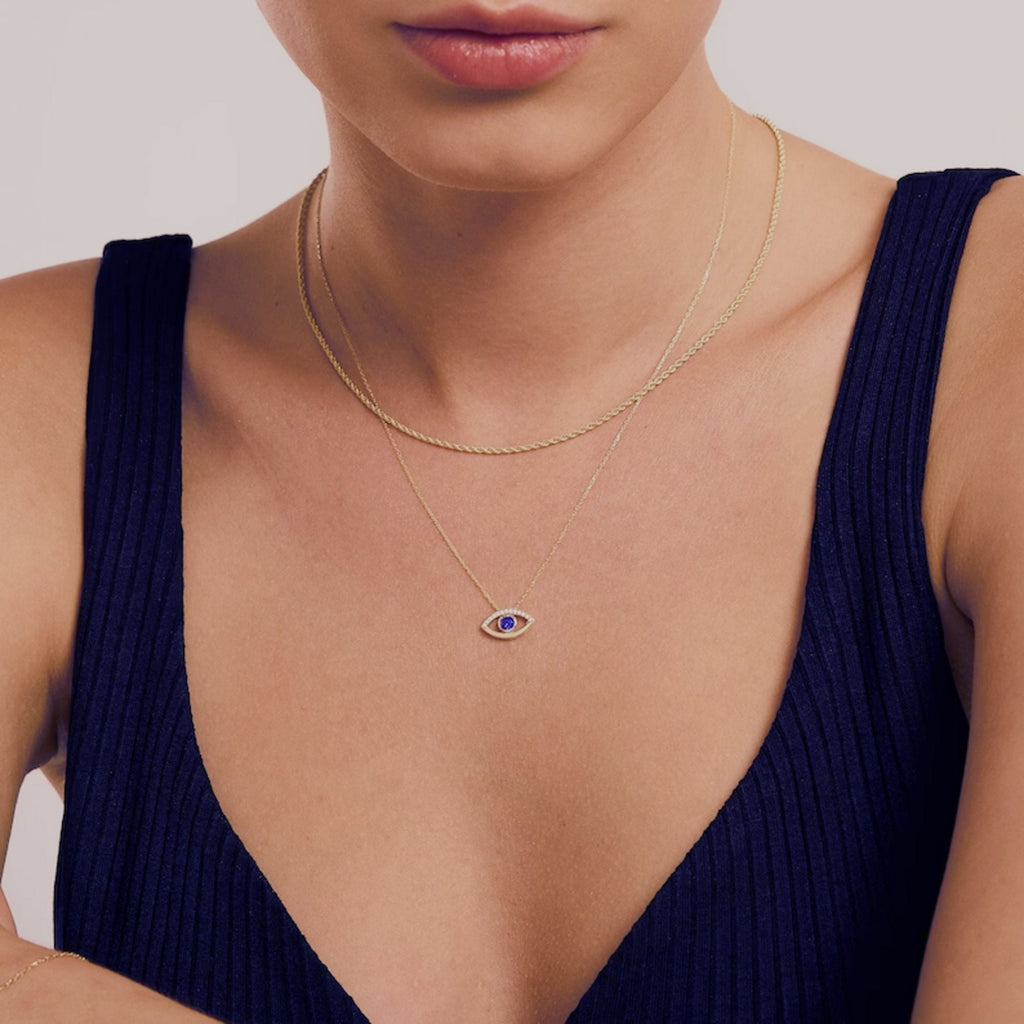 14K Gold Evil Eye Necklace, Sapphire Blue Eye Pendant, Pave Lab Diamond Protection Charm, Gift for Her