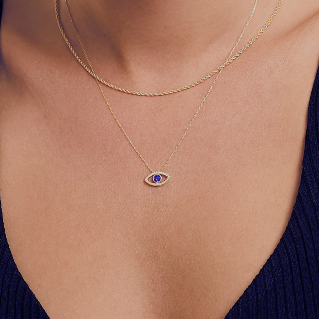 14K Gold Evil Eye Necklace, Sapphire Blue Eye Pendant, Pave Lab Diamond Protection Charm, Gift for Her