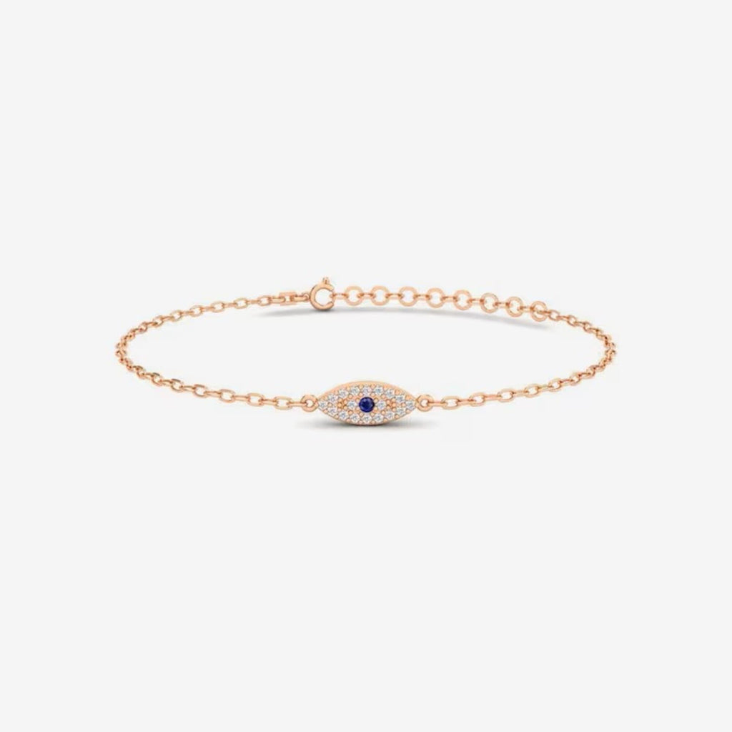 14K Gold Evil Eye Bracelet, Pave Lab Diamond Sapphire Eye Chain Bracelet, Protection Symbol Jewelry, Delicate Everyday Bracelet