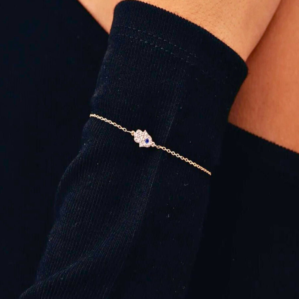 14K Gold Hamsa Bracelet, Pave Lab Diamond Hand of Fatima Bracelet, Blue Sapphire Accent, Protection Symbol Jewelry