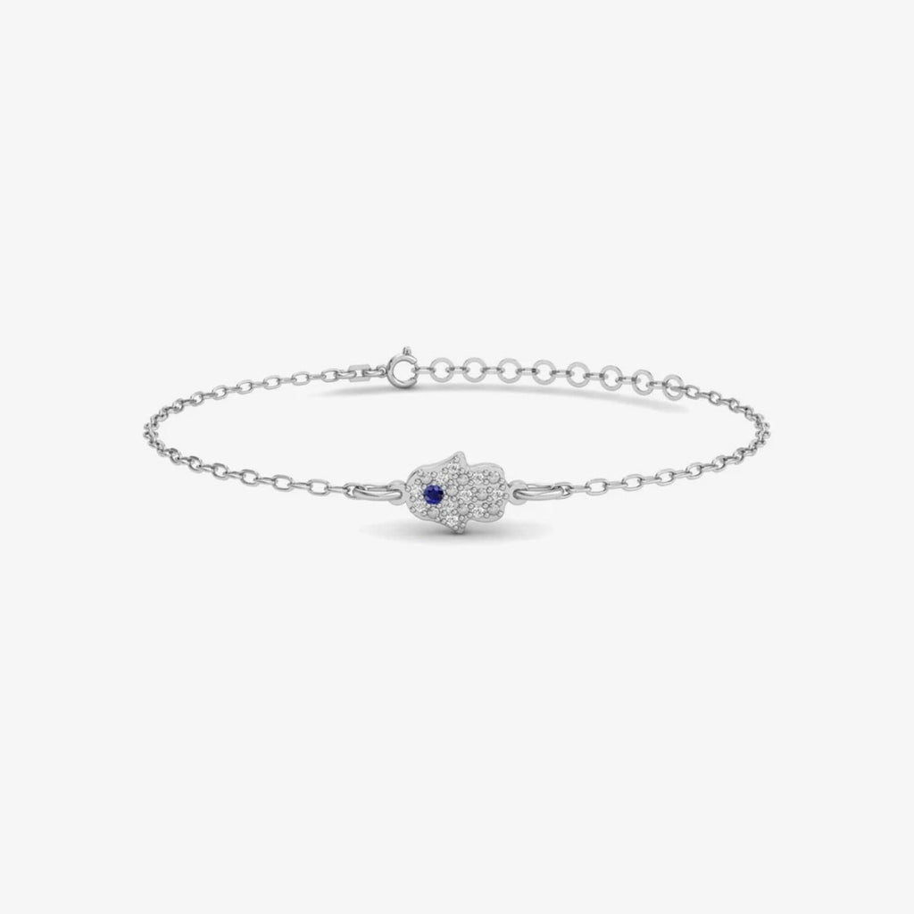 14K Gold Hamsa Bracelet, Pave Lab Diamond Hand of Fatima Bracelet, Blue Sapphire Accent, Protection Symbol Jewelry