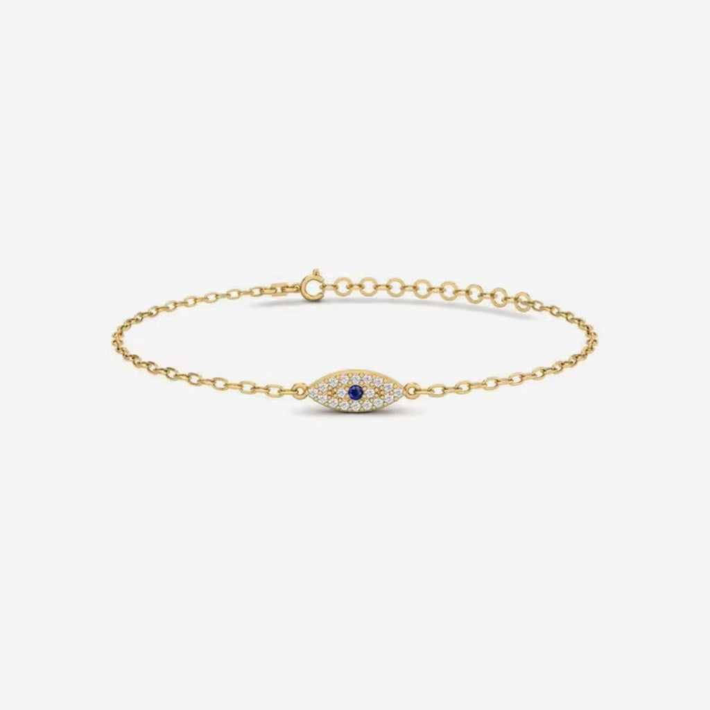 14K Gold Evil Eye Bracelet, Pave Lab Diamond Sapphire Eye Chain Bracelet, Protection Symbol Jewelry, Delicate Everyday Bracelet