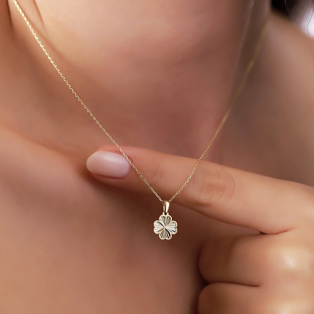 14K Gold Four Leaf Clover Necklace, Diamond Cut Lucky Clover Pendant, Dainty Charm, Good Luck Gift for Her