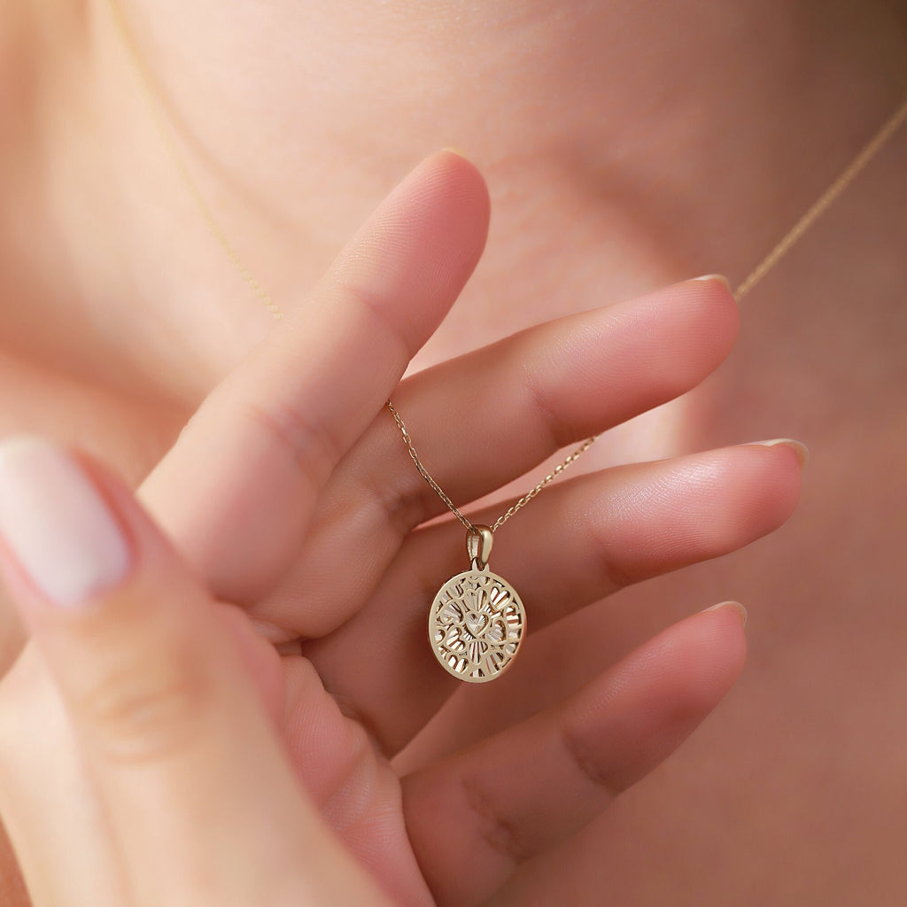 14K Gold Heart Cluster Coin Necklace, Diamond Cut Filigree Medallion Pendant, Dainty Round Disc, Gift for Her
