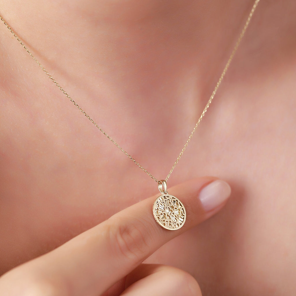 14K Gold Floral Coin Necklace, Diamond Cut Filigree Medallion Pendant, Dainty Round Disc, Boho Gift for Her