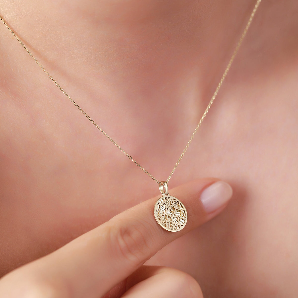 14K Gold Floral Coin Necklace, Diamond Cut Filigree Medallion Pendant, Dainty Round Disc, Boho Gift for Her