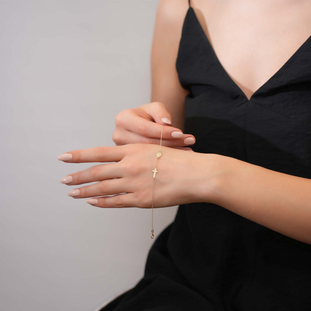 14K Gold Cross and Virgin Mary Bracelet, Religious Medallion Chain Bracelet, Catholic Faith Jewelry, Delicate Gift for Her