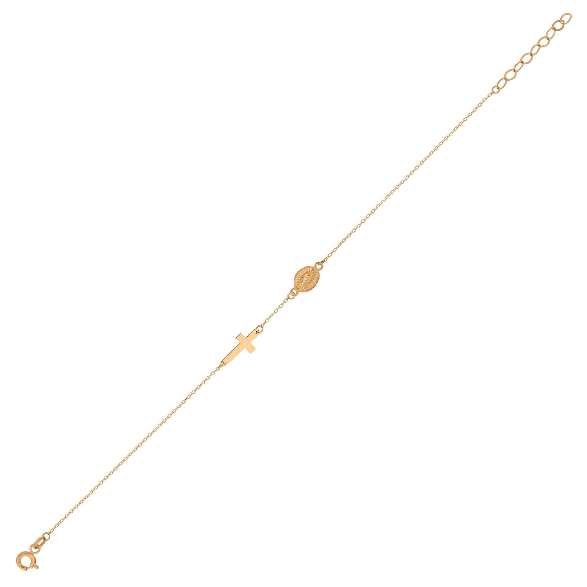 14K Gold Cross and Virgin Mary Bracelet, Religious Medallion Chain Bracelet, Catholic Faith Jewelry, Delicate Gift for Her