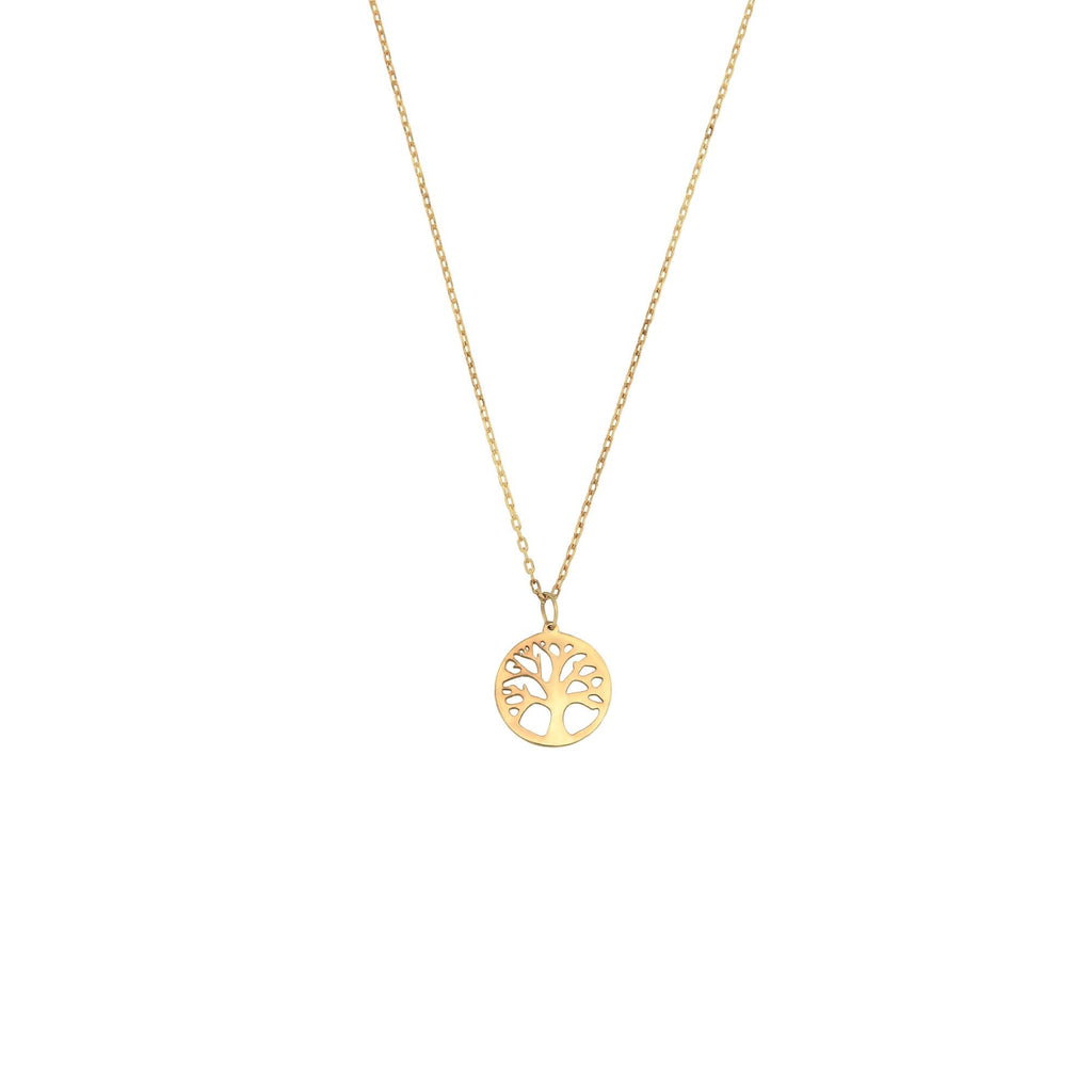 14K Gold Tree of Life Necklace, Cut Out Tree Coin Pendant, Round Disc Charm, Meaningful Gift for Her