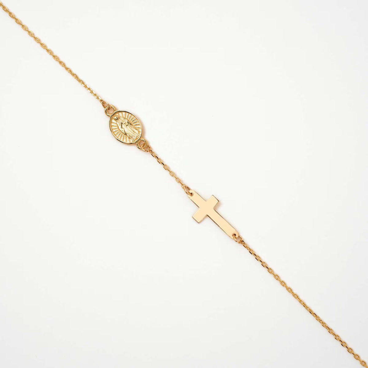 14K Gold Cross and Virgin Mary Bracelet, Religious Medallion Chain Bracelet, Catholic Faith Jewelry, Delicate Gift for Her