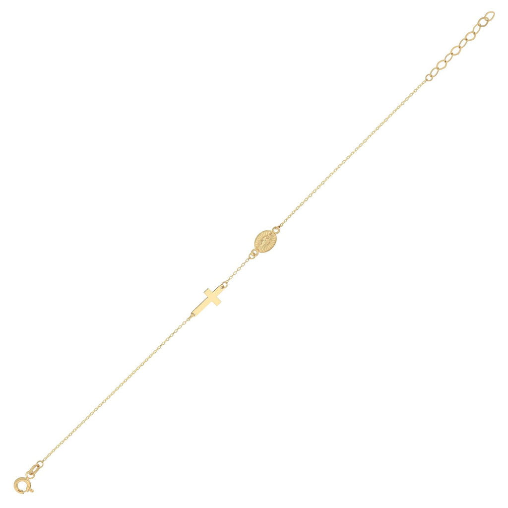 14K Gold Cross and Virgin Mary Bracelet, Religious Medallion Chain Bracelet, Catholic Faith Jewelry, Delicate Gift for Her