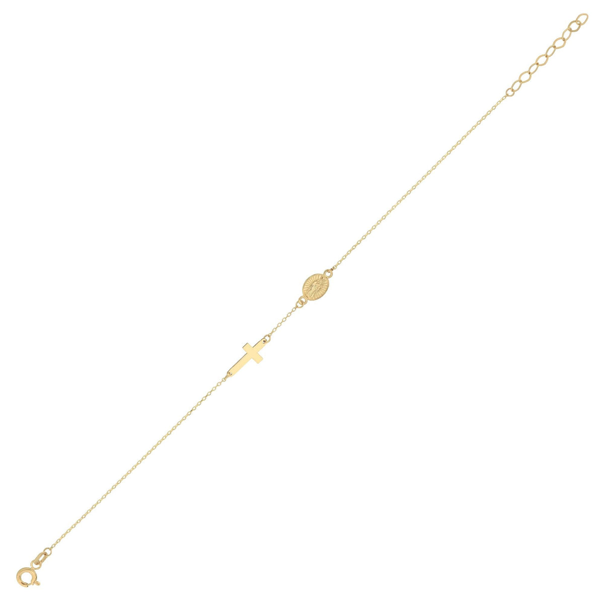 14K Gold Cross and Virgin Mary Bracelet, Religious Medallion Chain Bracelet, Catholic Faith Jewelry, Delicate Gift for Her