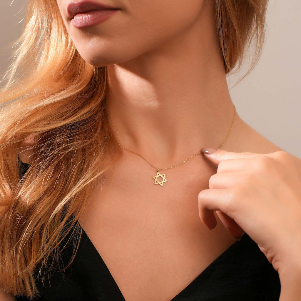 14K Gold Star of David Necklace, Open Outline Jewish Star Pendant, Minimalist Faith Charm, Gift for Her