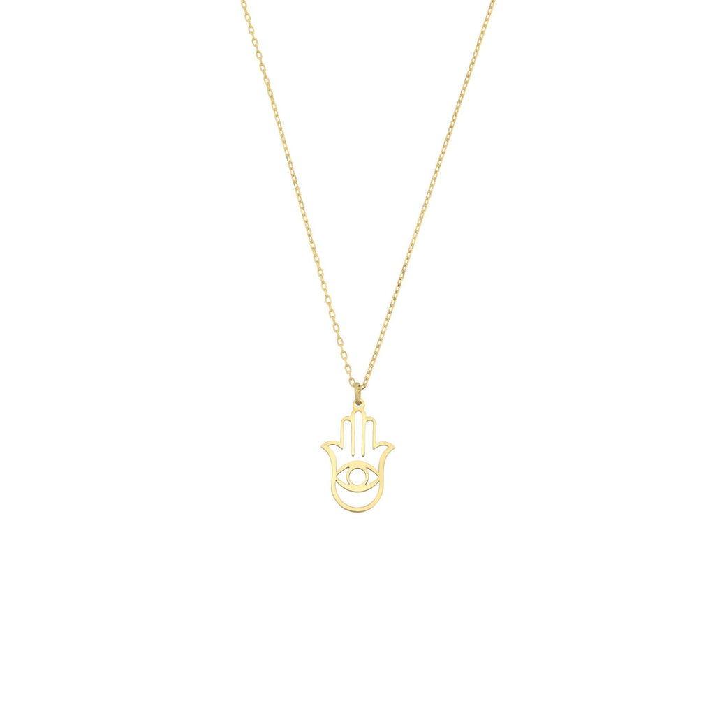 14K Gold Hamsa Necklace, Open Outline Evil Eye Hand Pendant, Minimalist Protection Charm, Gift for Her