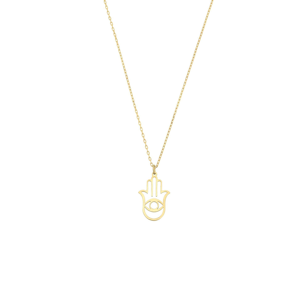 14K Gold Hamsa Necklace, Open Outline Evil Eye Hand Pendant, Minimalist Protection Charm, Gift for Her