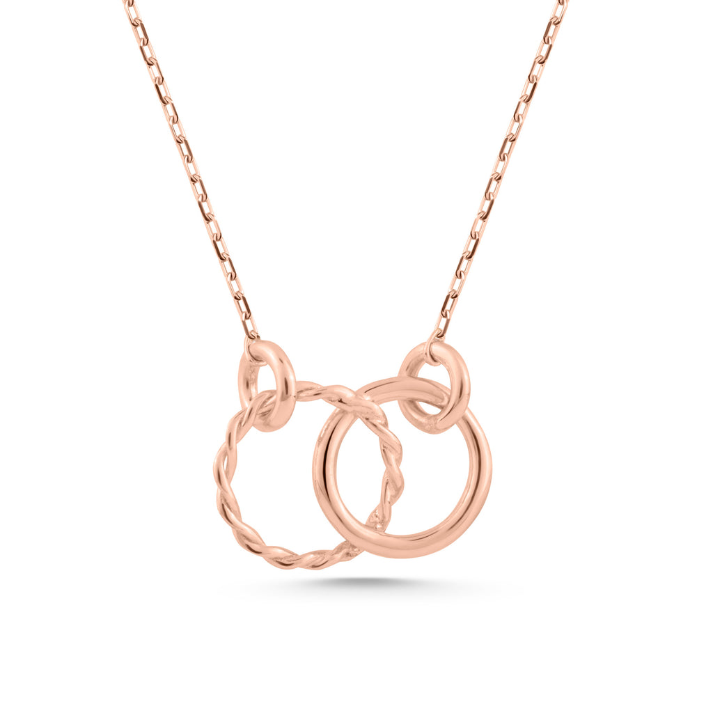 14K Gold Interlocking Circle Necklace, Twisted Rope Double Ring Pendant, Textured Two Circle Charm, Gift for Her