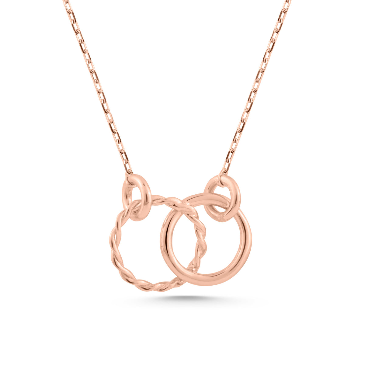 14K Gold Interlocking Circle Necklace, Twisted Rope Double Ring Pendant, Textured Two Circle Charm, Gift for Her