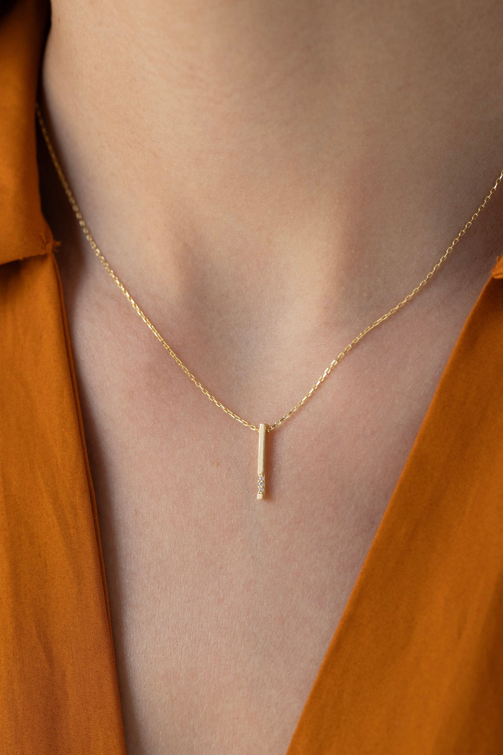 14K Gold Vertical Bar Necklace, Diamond Accent Drop Pendant, Minimalist Stick Charm, Gift for Her