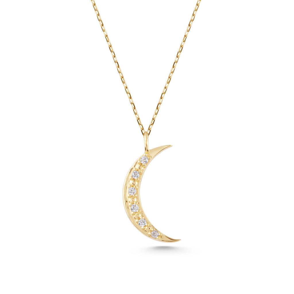 14K Gold Crescent Moon Necklace, Lab Diamond Pave Moon Pendant, Celestial Charm, Dainty Gift for Her