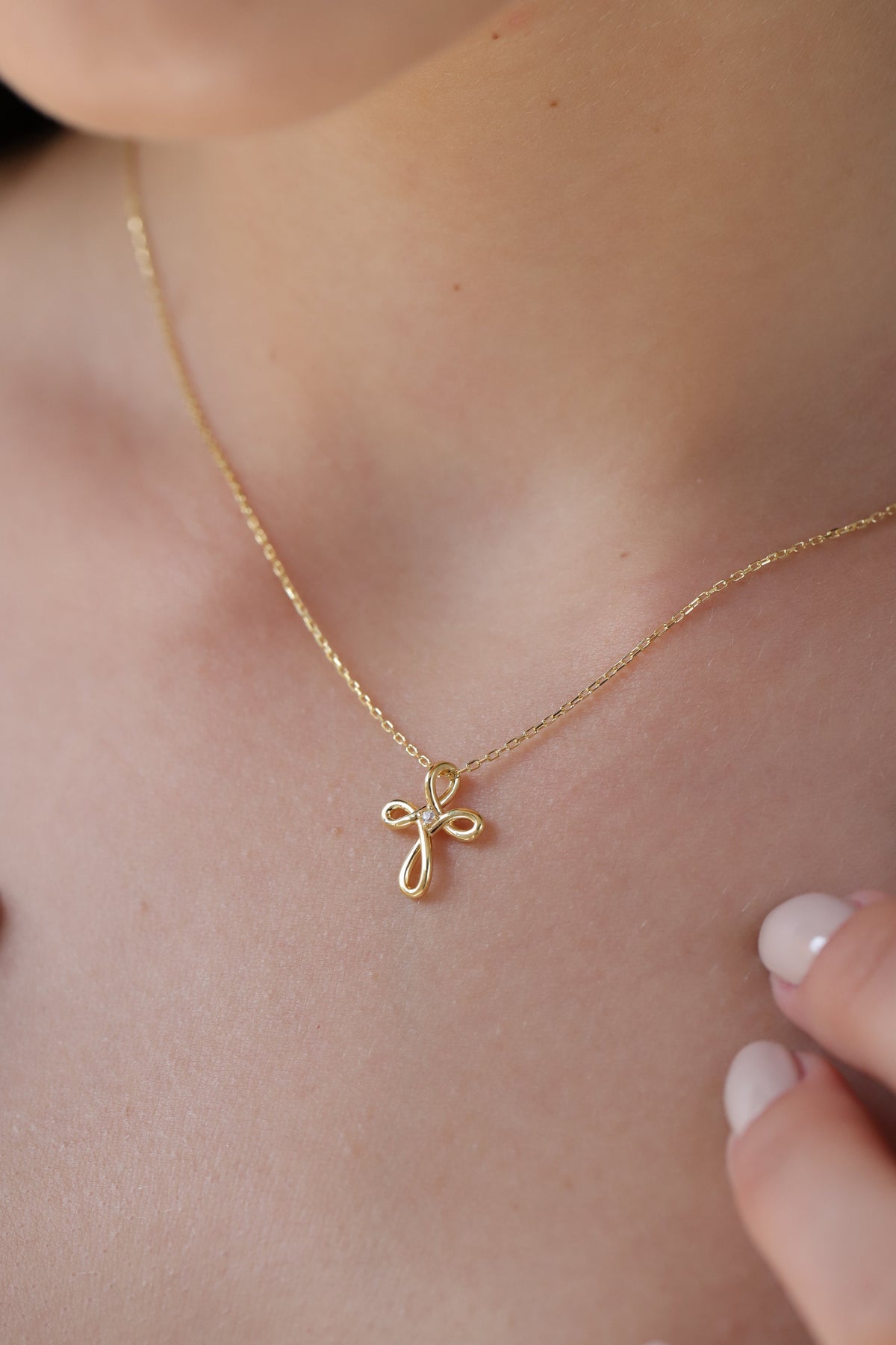 14K Gold Loop Cross Necklace, Diamond Center Swirl Cross Pendant, Elegant Faith Charm, Gift for Her
