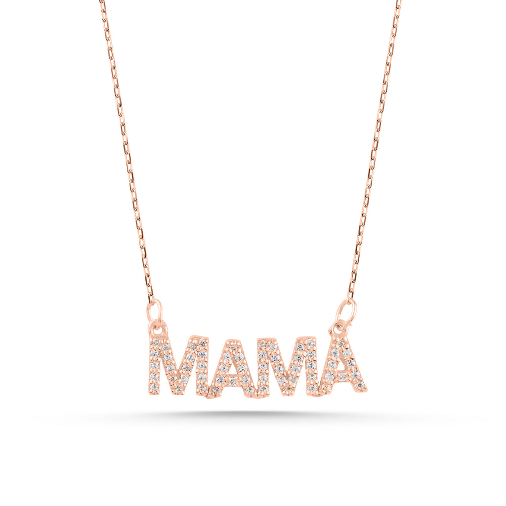 14K Gold Pave Mama Necklace, Lab Diamond Block Letter Nameplate, Sparkling Mama Charm, Mother's Day Gift for Her