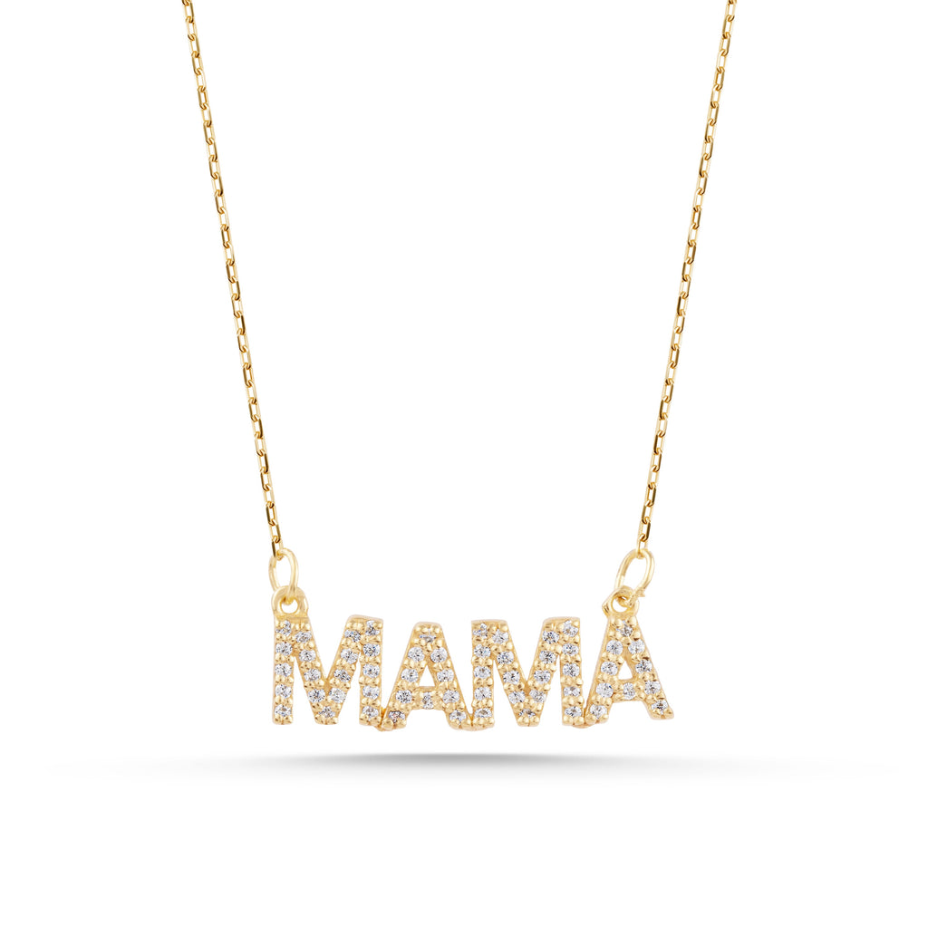 14K Gold Pave Mama Necklace, Lab Diamond Block Letter Nameplate, Sparkling Mama Charm, Mother's Day Gift for Her