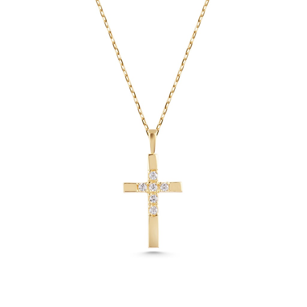 14K Gold Half Pave Cross Necklace, Lab Diamond Center Cross Pendant, Two-Tone Design Charm, Gift for Her