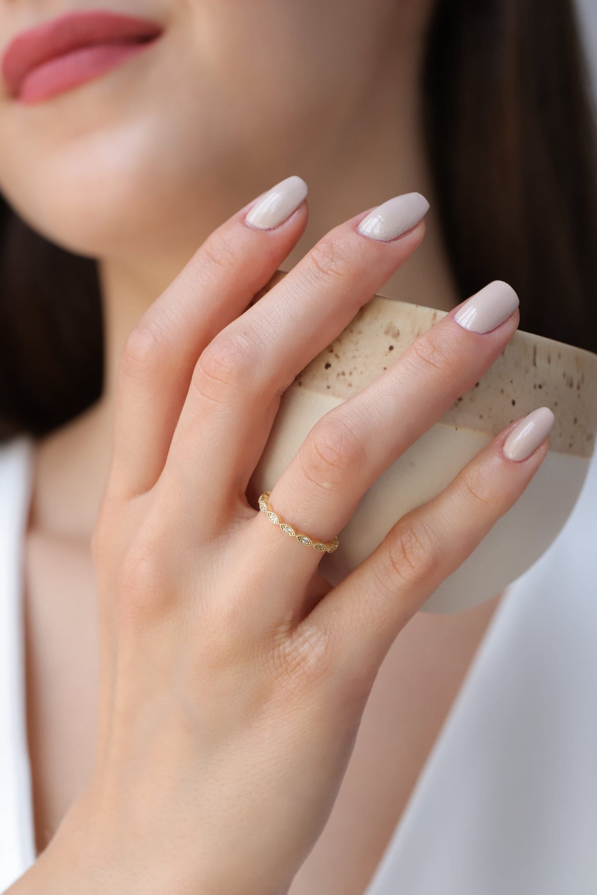 14K Gold Eternity Ring, Vintage Marquise Lab Diamond Band, Milgrain Stacking Ring, Antique Style Ring, Gift for Her