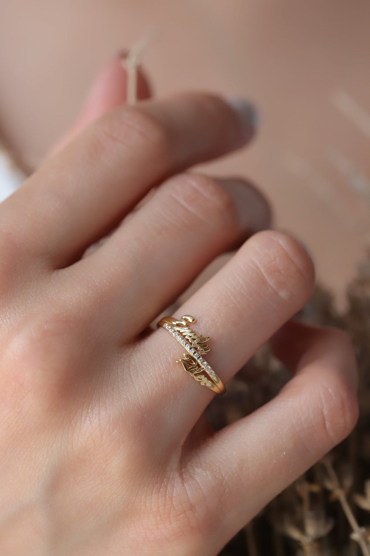 14K Gold Double Name Ring, Personalized Two Name Ring, Custom Script Name Ring with Lab Diamonds, Gift for Her