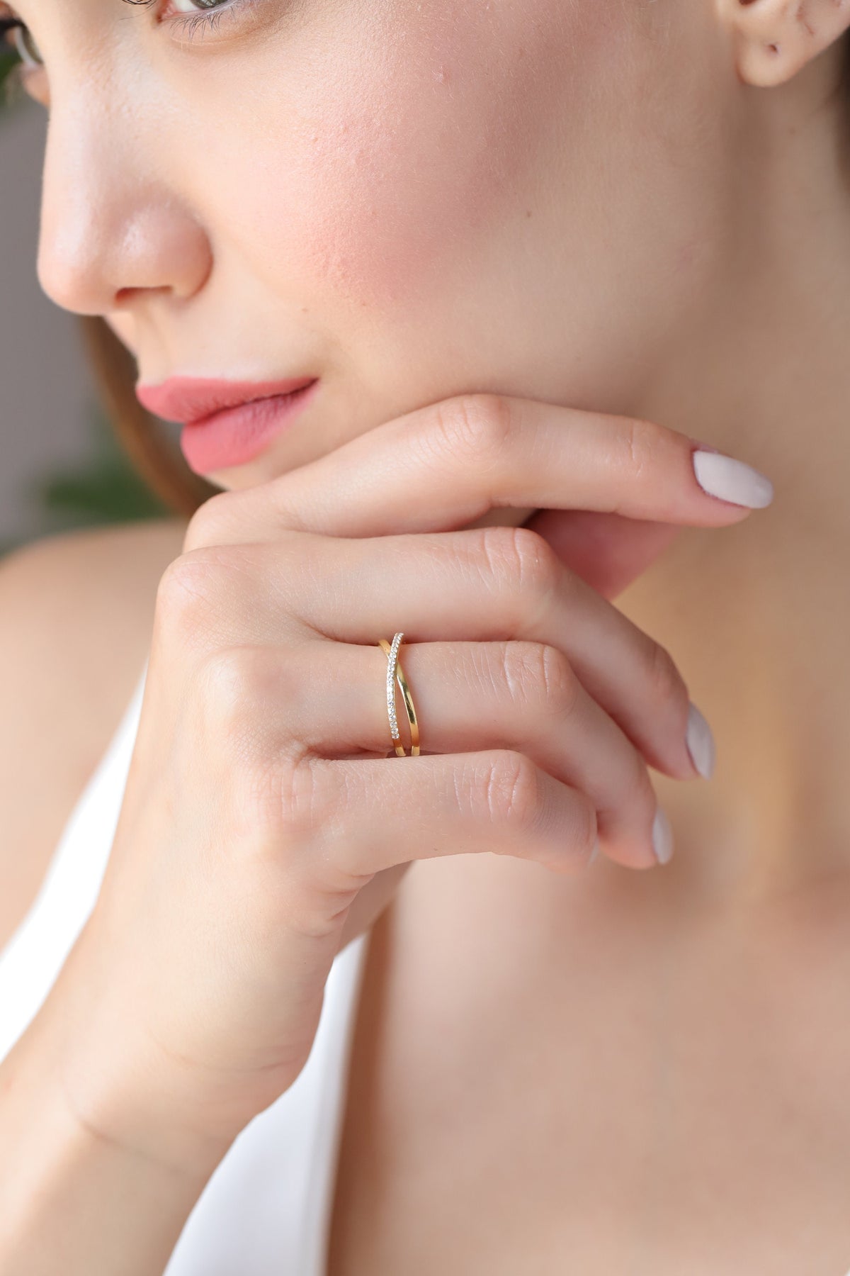 14K Gold Crossover Ring, Pave Lab Diamond X Ring, Criss Cross Band, Double Band Sparkle Ring, Gift for Her