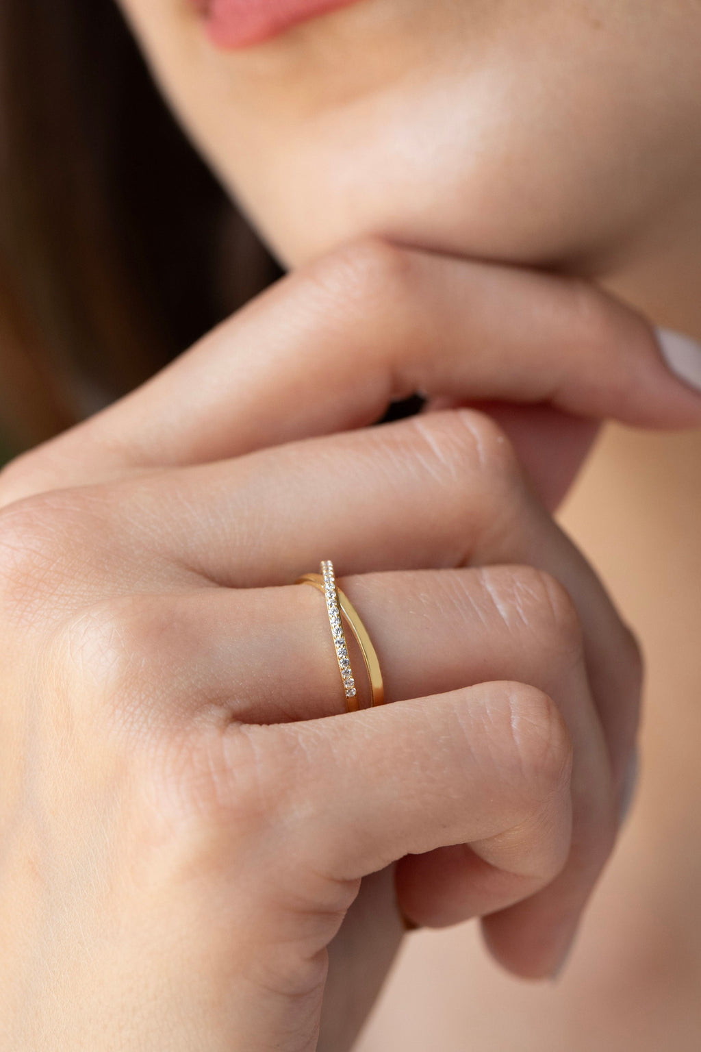 14K Gold Crossover Ring, Pave Lab Diamond X Ring, Criss Cross Band, Double Band Sparkle Ring, Gift for Her