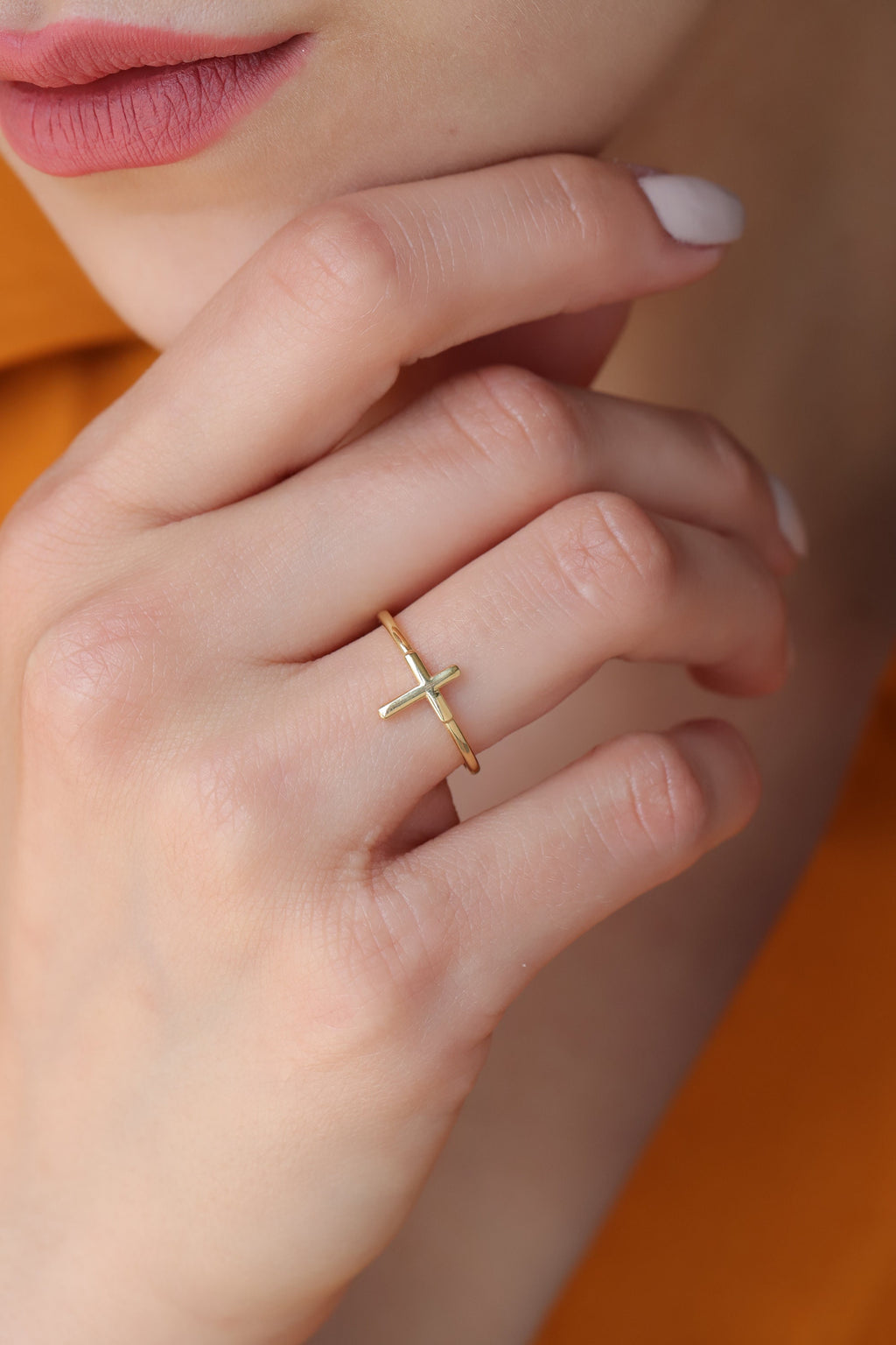 14K Solid Gold Sideways Cross Ring, Plain Faith Band, Minimalist Christian Ring, Dainty Stacking Ring, Gift for Her