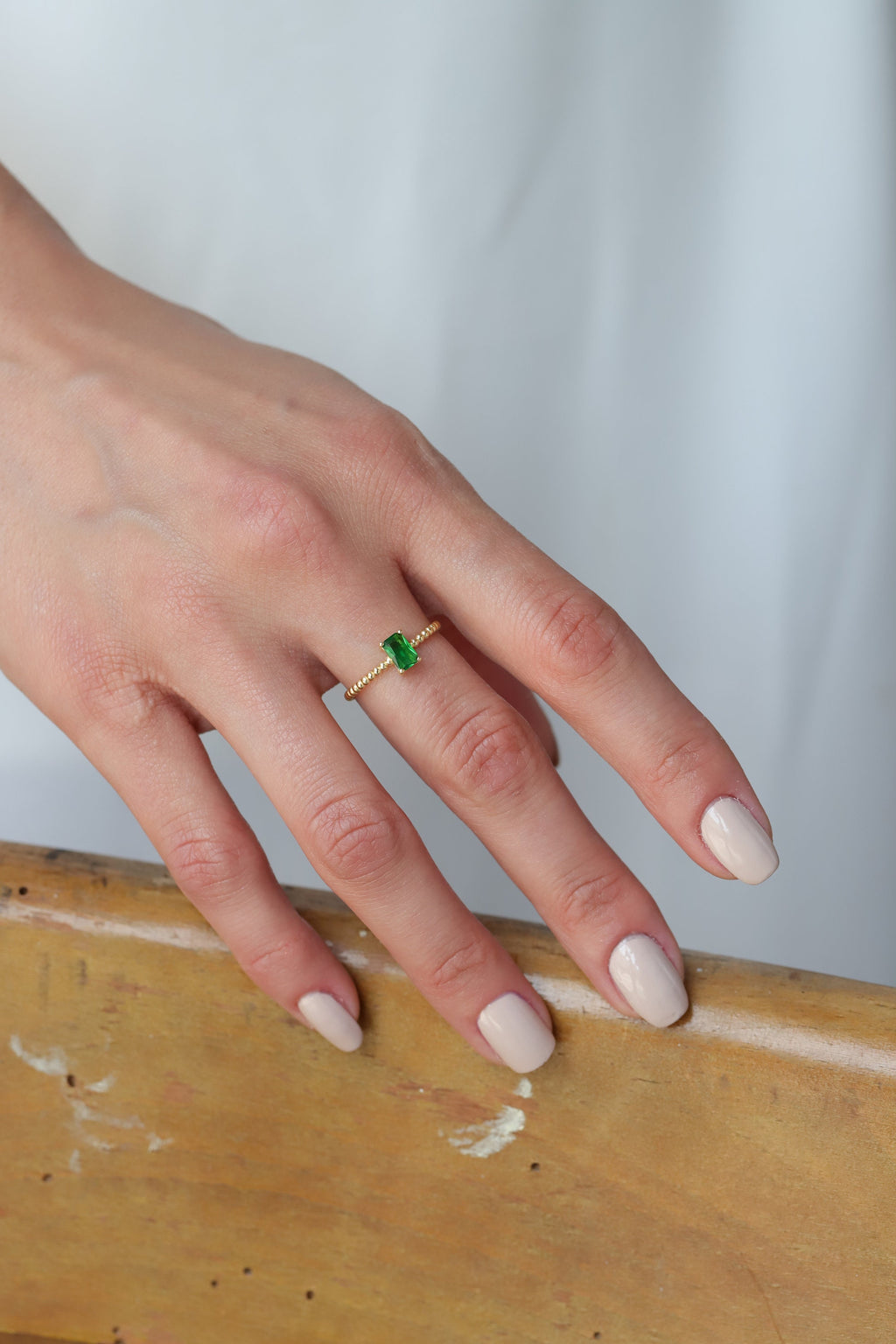 14K Gold Birthstone Ring Set, Beaded Stacking Rings, Emerald Cut Gemstone Rings, Custom Color Ring, Gift for Her