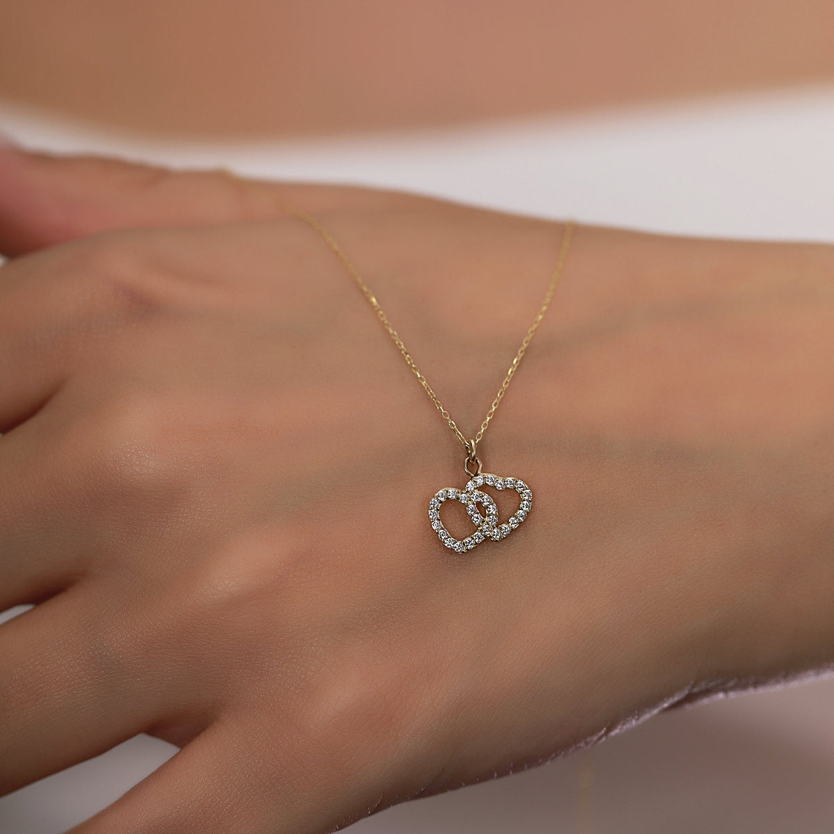 14K Gold Double Heart Necklace, CZ Interlocking Hearts Pendant, Linked Hearts Charm, Gift for Her