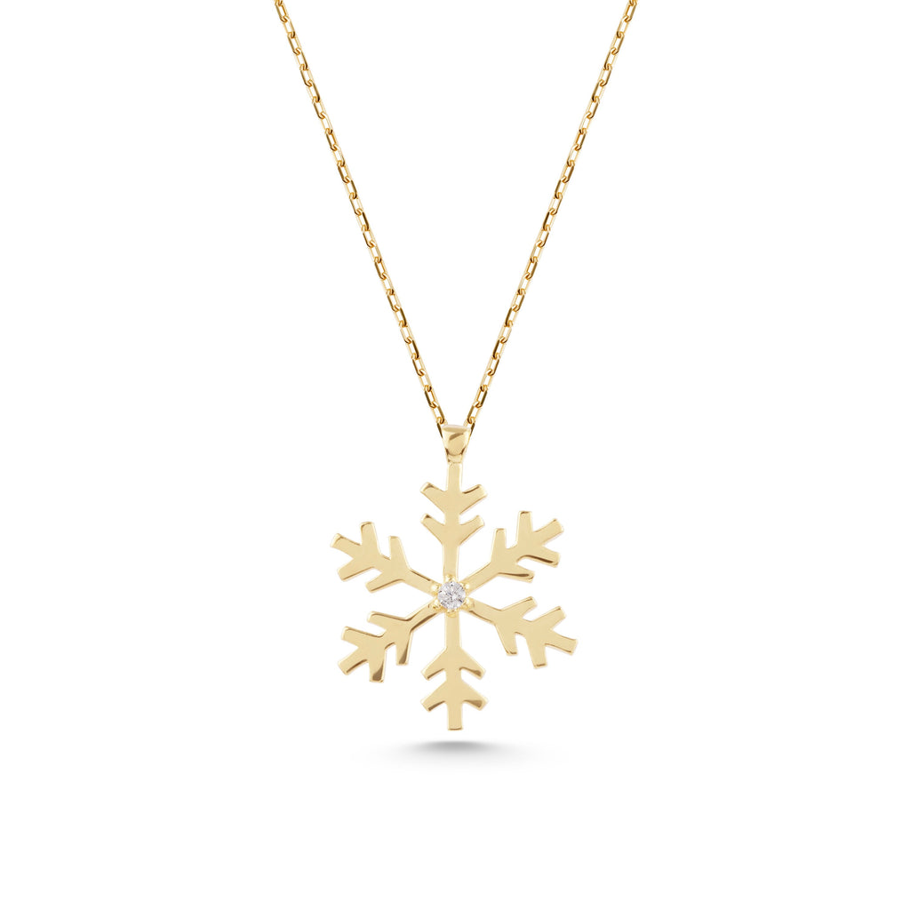14K Gold Snowflake Necklace, Diamond Center Snowflake Pendant, Winter Holiday Charm, Gift for Her