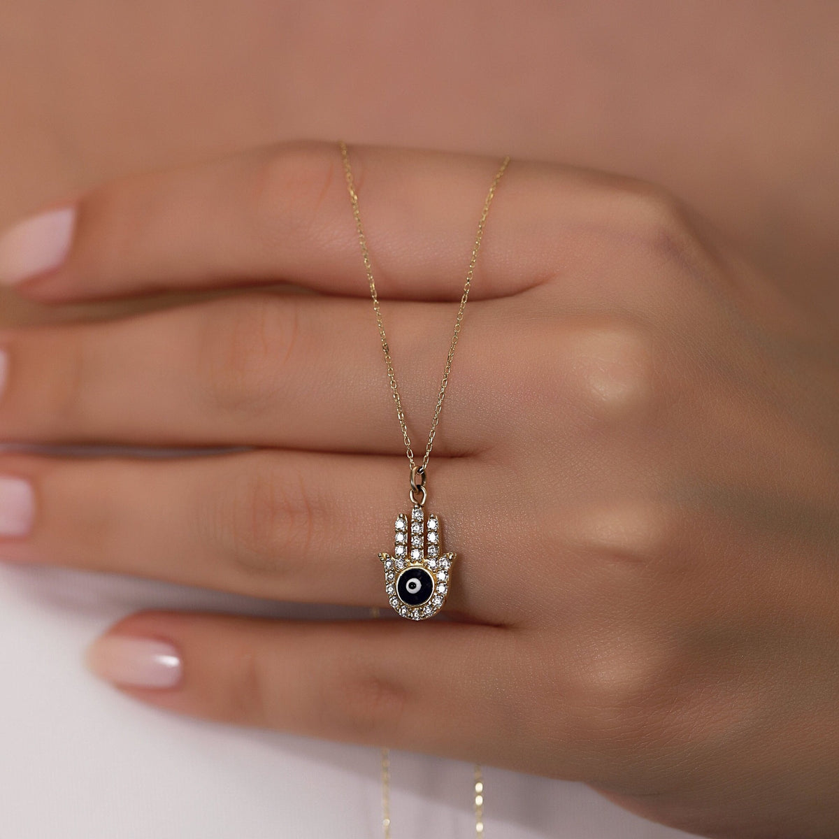 14K Gold Pave Hamsa Necklace, CZ Evil Eye Hand Pendant, Black Enamel Eye Charm, Protection Jewelry, Gift for Her