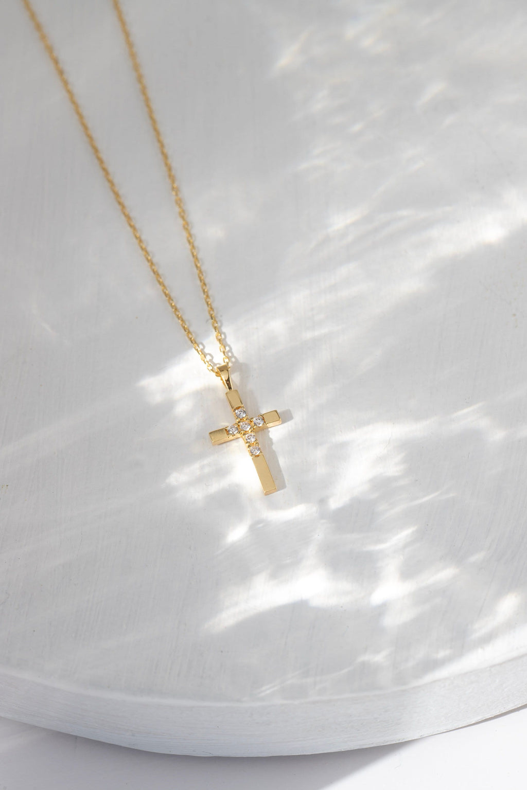 14K Gold Half Pave Cross Necklace, Lab Diamond Center Cross Pendant, Two-Tone Design Charm, Gift for Her