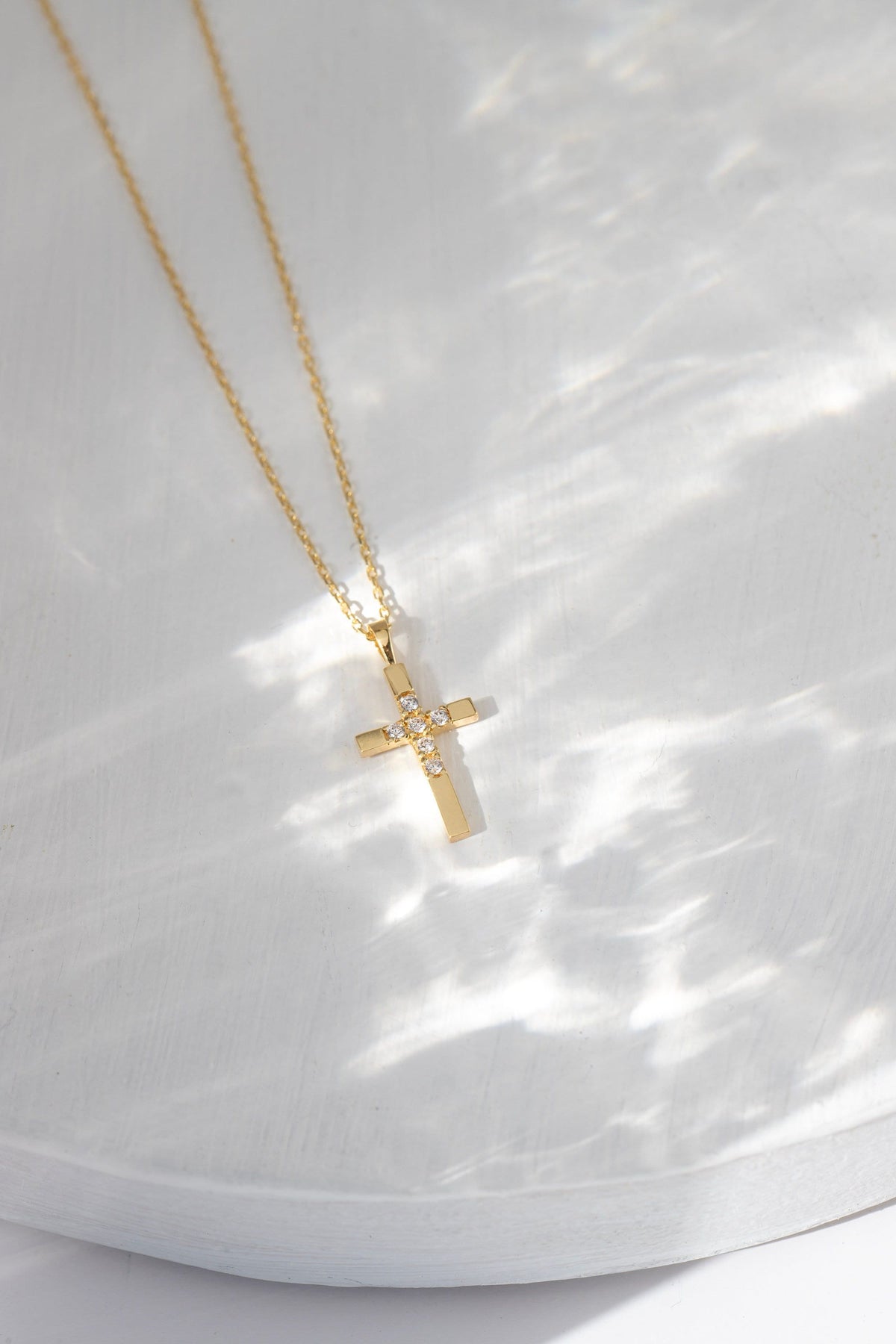 14K Gold Half Pave Cross Necklace, Lab Diamond Center Cross Pendant, Two-Tone Design Charm, Gift for Her