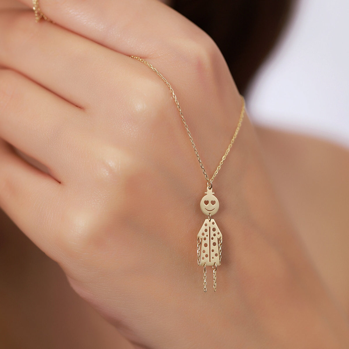 14K Gold Little Girl Charm Necklace, Whimsical Heart Eyes Doll Pendant, Polka Dot Dress Charm, Fun Gift for Her