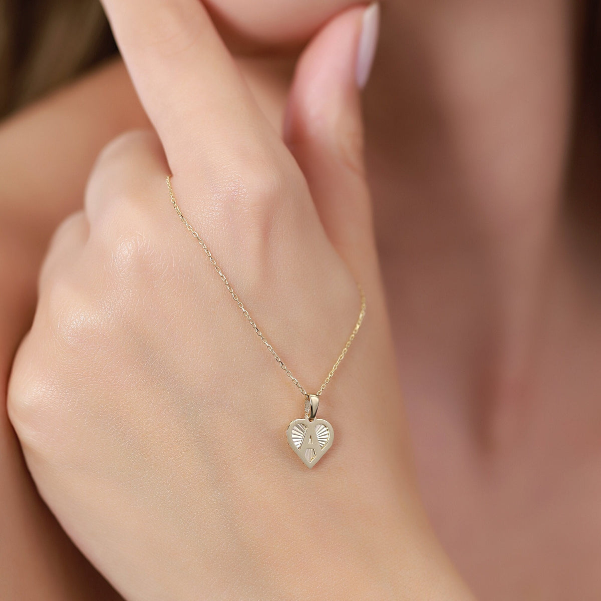 14K Gold Initial Heart Necklace, Diamond Cut Letter A-Z Pendant, Personalized Heart Charm, Custom Gift for Her