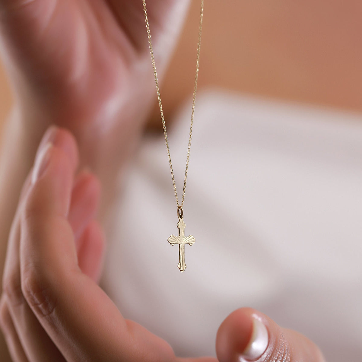 14K Gold Ornate Cross Necklace, Diamond Cut Scalloped Cross Pendant, Faith Charm, Baptism Confirmation Gift for Her