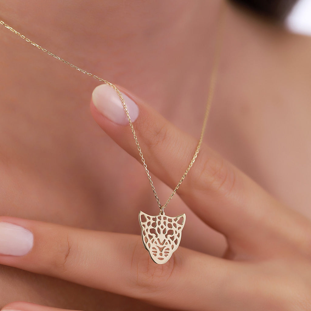 14K Gold Leopard Necklace, Cut Out Leopard Face Pendant, Wild Animal Charm, Bold Statement Jewelry, Gift for Her