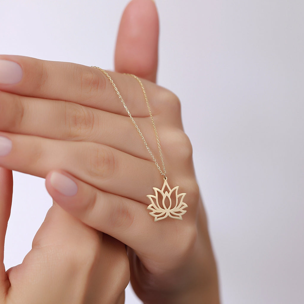 14K Gold Lotus Flower Necklace, Open Petal Lotus Pendant, Yoga Zen Charm, Symbolic Jewelry, Gift for Her