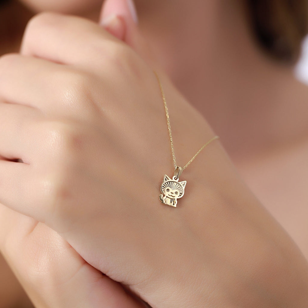 14K Gold Cat Necklace, Diamond Cut Kitten Charm, Cute Cartoon Cat Pendant, Playful Jewelry, Gift for Her