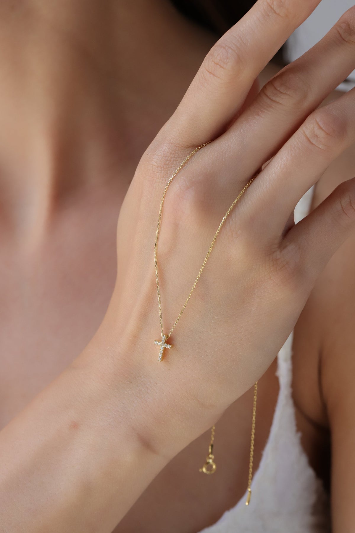 14K Gold Lab Diamond Cross Necklace, Pave Cross Pendant, Sparkling Faith Charm, Gift for Her